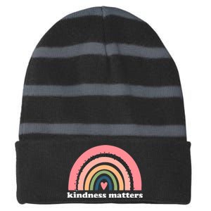 Kindness Matters Rainbow Heart Striped Beanie with Solid Band