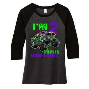 Kids Monster Trucks Are My Jam 2nd Birthday Boy 2 Years Old Women's Tri-Blend 3/4-Sleeve Raglan Shirt