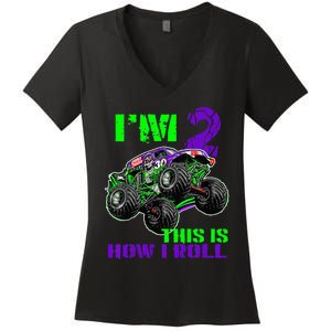 Kids Monster Trucks Are My Jam 2nd Birthday Boy 2 Years Old Women's V-Neck T-Shirt