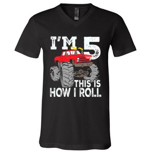 K.i.d.s Monster Trucks 5th Birthday Party Shirt Five Years V-Neck T-Shirt