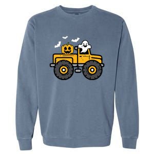 Kids Monster Truck Ghost Pumpkin Halloween Costume Boy Garment-Dyed Sweatshirt