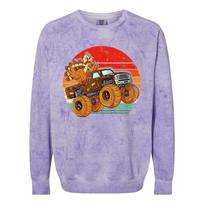 Kids Monster Truck Turkey Sunset Retro Thanksgiving Boys Toddler Colorblast Crewneck Sweatshirt