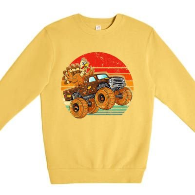 Kids Monster Truck Turkey Sunset Retro Thanksgiving Boys Toddler Premium Crewneck Sweatshirt