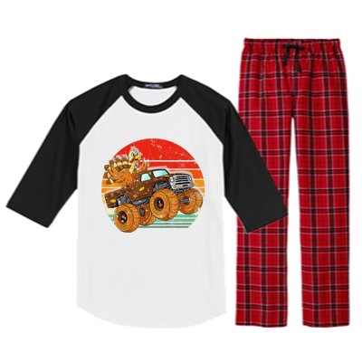 Kids Monster Truck Turkey Sunset Retro Thanksgiving Boys Toddler Raglan Sleeve Pajama Set