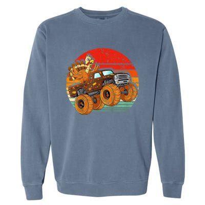 Kids Monster Truck Turkey Sunset Retro Thanksgiving Boys Toddler Garment-Dyed Sweatshirt