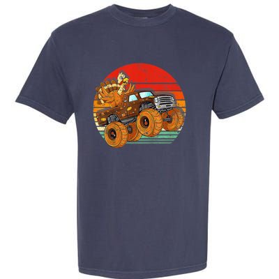 Kids Monster Truck Turkey Sunset Retro Thanksgiving Boys Toddler Garment-Dyed Heavyweight T-Shirt