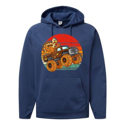 Kids Monster Truck Turkey Sunset Retro Thanksgiving Boys Toddler Performance Fleece Hoodie