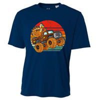 Kids Monster Truck Turkey Sunset Retro Thanksgiving Boys Toddler Cooling Performance Crew T-Shirt