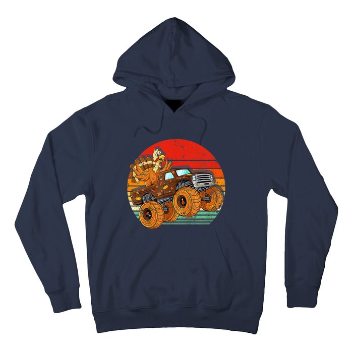 Kids Monster Truck Turkey Sunset Retro Thanksgiving Boys Toddler Hoodie