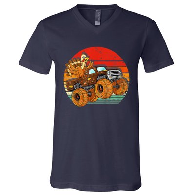 Kids Monster Truck Turkey Sunset Retro Thanksgiving Boys Toddler V-Neck T-Shirt