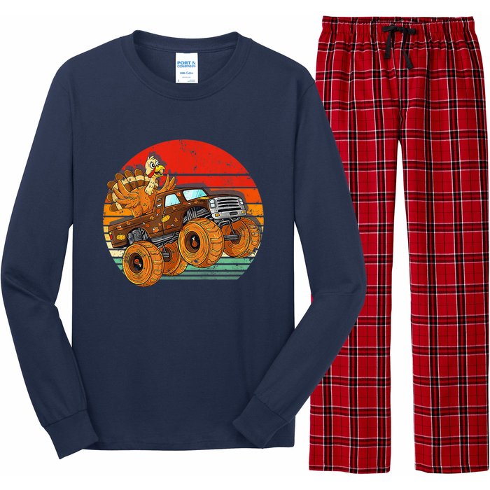 Kids Monster Truck Turkey Sunset Retro Thanksgiving Boys Toddler Long Sleeve Pajama Set