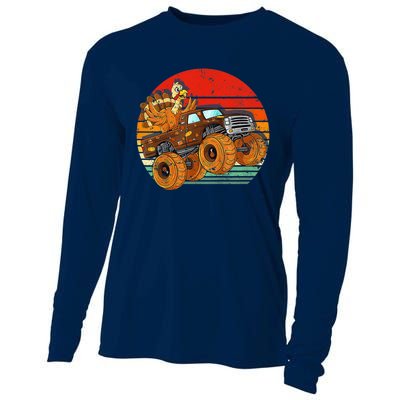 Kids Monster Truck Turkey Sunset Retro Thanksgiving Boys Toddler Cooling Performance Long Sleeve Crew