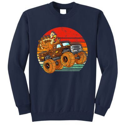 Kids Monster Truck Turkey Sunset Retro Thanksgiving Boys Toddler Tall Sweatshirt