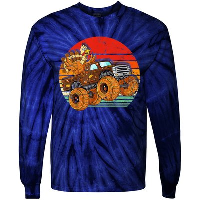 Kids Monster Truck Turkey Sunset Retro Thanksgiving Boys Toddler Tie-Dye Long Sleeve Shirt