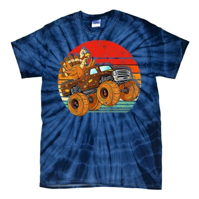 Kids Monster Truck Turkey Sunset Retro Thanksgiving Boys Toddler Tie-Dye T-Shirt