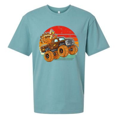 Kids Monster Truck Turkey Sunset Retro Thanksgiving Boys Toddler Sueded Cloud Jersey T-Shirt