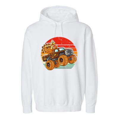 Kids Monster Truck Turkey Sunset Retro Thanksgiving Boys Toddler Garment-Dyed Fleece Hoodie