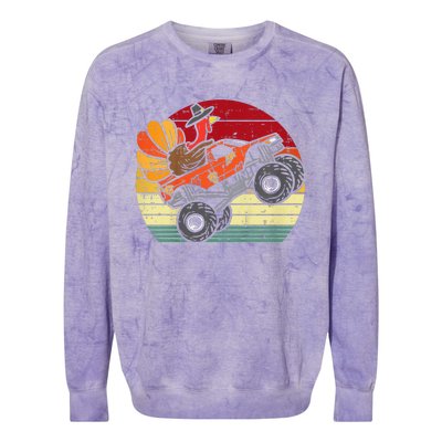 Kids Monster Truck Turkey Sunset Retro Thanksgiving Kids Colorblast Crewneck Sweatshirt