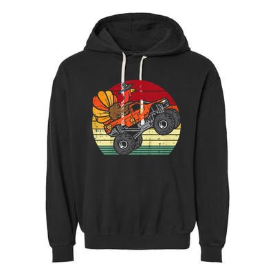 Kids Monster Truck Turkey Sunset Retro Thanksgiving Kids Garment-Dyed Fleece Hoodie