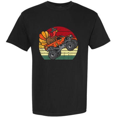 Kids Monster Truck Turkey Sunset Retro Thanksgiving Kids Garment-Dyed Heavyweight T-Shirt