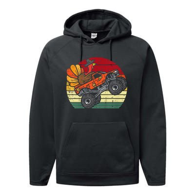 Kids Monster Truck Turkey Sunset Retro Thanksgiving Kids Performance Fleece Hoodie