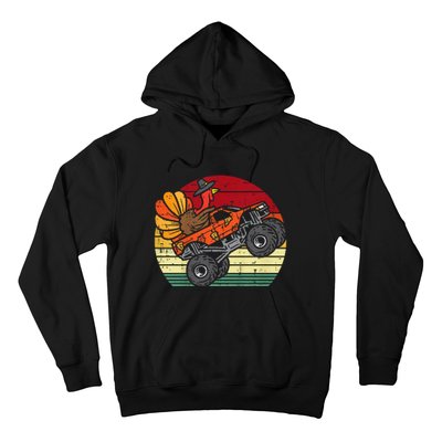 Kids Monster Truck Turkey Sunset Retro Thanksgiving Kids Hoodie