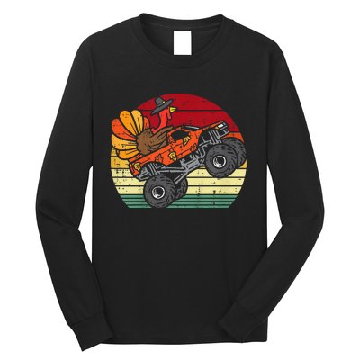 Kids Monster Truck Turkey Sunset Retro Thanksgiving Kids Long Sleeve Shirt