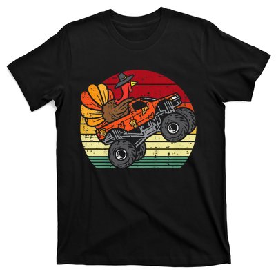 Kids Monster Truck Turkey Sunset Retro Thanksgiving Kids T-Shirt