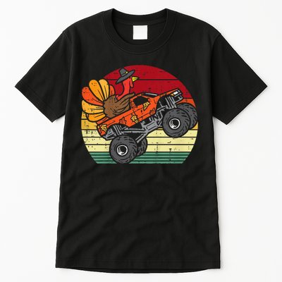 Kids Monster Truck Turkey Sunset Retro Thanksgiving Kids Tall T-Shirt