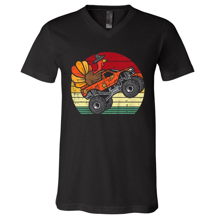 Kids Monster Truck Turkey Sunset Retro Thanksgiving Kids V-Neck T-Shirt