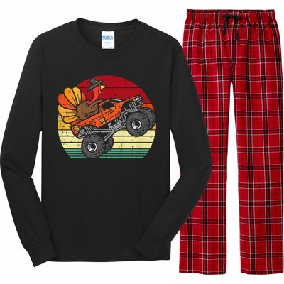 Kids Monster Truck Turkey Sunset Retro Thanksgiving Kids Long Sleeve Pajama Set