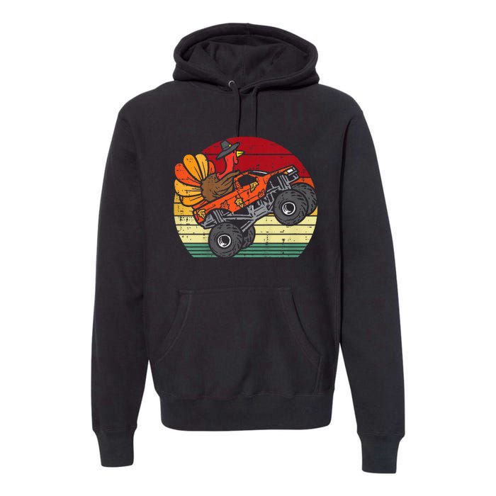 Kids Monster Truck Turkey Sunset Retro Thanksgiving Kids Premium Hoodie