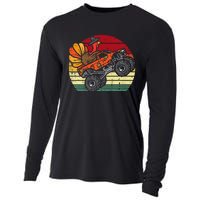 Kids Monster Truck Turkey Sunset Retro Thanksgiving Kids Cooling Performance Long Sleeve Crew