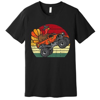 Kids Monster Truck Turkey Sunset Retro Thanksgiving Kids Premium T-Shirt