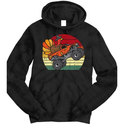 Kids Monster Truck Turkey Sunset Retro Thanksgiving Kids Tie Dye Hoodie