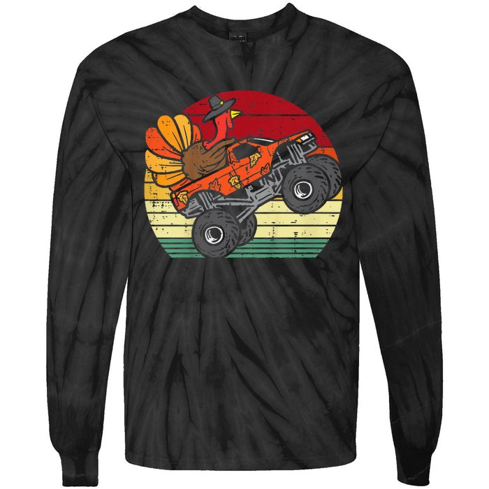 Kids Monster Truck Turkey Sunset Retro Thanksgiving Kids Tie-Dye Long Sleeve Shirt