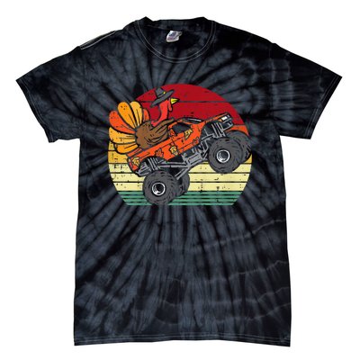 Kids Monster Truck Turkey Sunset Retro Thanksgiving Kids Tie-Dye T-Shirt