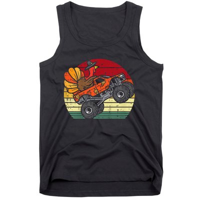 Kids Monster Truck Turkey Sunset Retro Thanksgiving Kids Tank Top