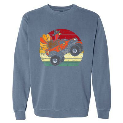 Kids Monster Truck Turkey Sunset Retro Thanksgiving Kids Garment-Dyed Sweatshirt