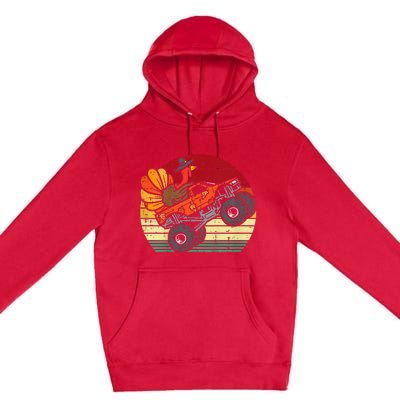 Kids Monster Truck Turkey Sunset Retro Thanksgiving Kids Premium Pullover Hoodie