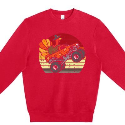 Kids Monster Truck Turkey Sunset Retro Thanksgiving Kids Premium Crewneck Sweatshirt