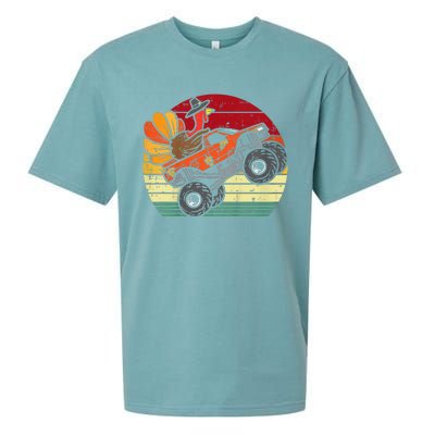 Kids Monster Truck Turkey Sunset Retro Thanksgiving Kids Sueded Cloud Jersey T-Shirt