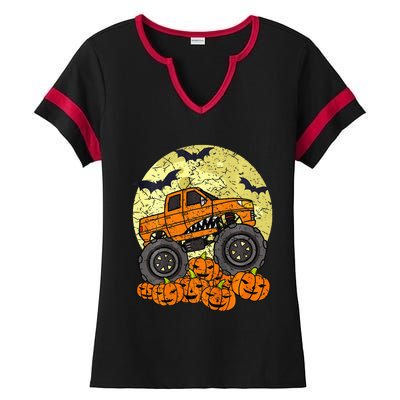 Kids Monster Truck Halloween Jack O Lantern Moon Pumpkin Ladies Halftime Notch Neck Tee