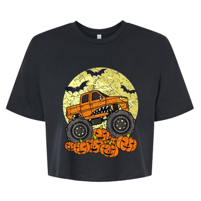 Kids Monster Truck Halloween Jack O Lantern Moon Pumpkin Bella+Canvas Jersey Crop Tee