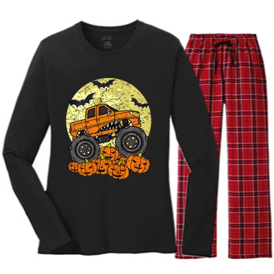 Kids Monster Truck Halloween Jack O Lantern Moon Pumpkin Women's Long Sleeve Flannel Pajama Set 