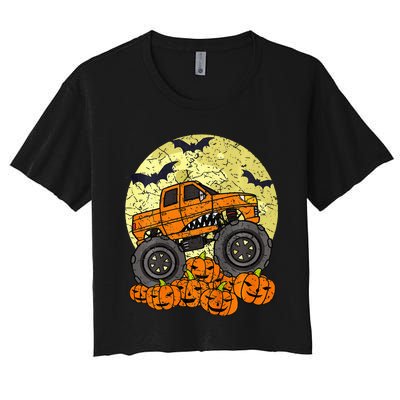 Kids Monster Truck Halloween Jack O Lantern Moon Pumpkin Women's Crop Top Tee