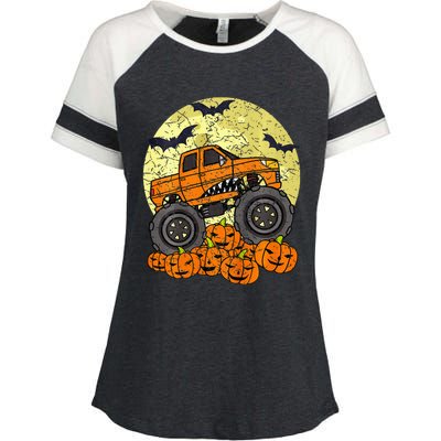 Kids Monster Truck Halloween Jack O Lantern Moon Pumpkin Enza Ladies Jersey Colorblock Tee