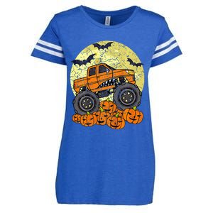 Kids Monster Truck Halloween Jack O Lantern Moon Pumpkin Enza Ladies Jersey Football T-Shirt