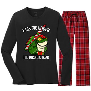 K.iss Me Under The Missile Toad Funny Christmas Holiday Joke Women's Long Sleeve Flannel Pajama Set 