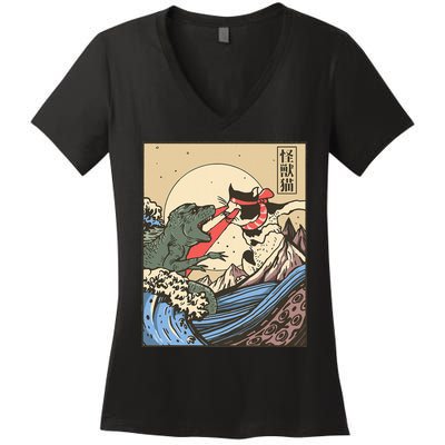 Kaiju Monster Vs Cat Laser Eye Fight Japanese Zilla Women's V-Neck T-Shirt